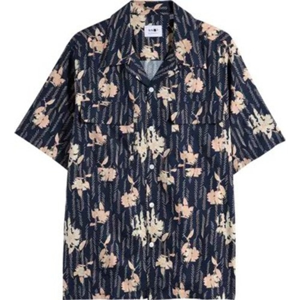 NN07 Daniel Navy Blue Floral Print Camp Shirt Short Sleeve Button Down Top Small